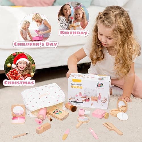 Wooden Makeup Toy Set, Pretend Play Makeup Kit for Toddlers Realistic Beauty Salon Set for Girls with Eyeshadow Lipstick Perfume Brush and Cosmetic Bag Birthday Gifts for Girls Toys Kids Aged 3 4 5 6 thumbnail 7
