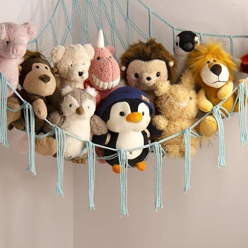 Stuffed Animal Hammock-Large Stuffed Animal Net For Toys Corner-Hanging Stuff Animal Toy Storage Organizer For Plush Plushie Display Light Blue Girl Room Bedroom Boho Nursery Decor Toy Storage thumbnail 2