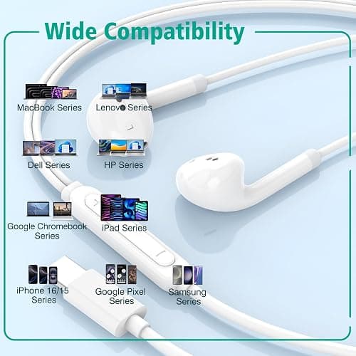USB C Headphones for iPhone 17 16 15, Wired Headphones USBC for iPad Pro Air Mini, iPad 10th, MacBook, Type C Earbuds for Samsung, Google Pxiel, Earphones for Lenovo, Dell, Microphone, Volume Control thumbnail 2