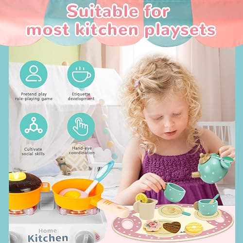 Wooden Tea Set for Little Girls Play Food Pretend Play Kitchen Accessories for 3 4 5 Years Old Girls and Boys Toddler Princess Tea Time Party Food Toys thumbnail 4