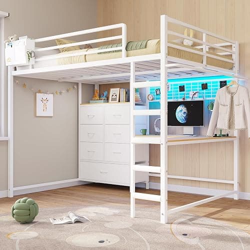 DICTAC Full Loft Bed with L-Shaped Desk and 7 Storage Drawers, Metal Full Size Loft Bed for Teen with LED Lights and Charging Station,13.11" H Safety Guardrail and Ladder,No Box Spring Needed, White thumbnail 9