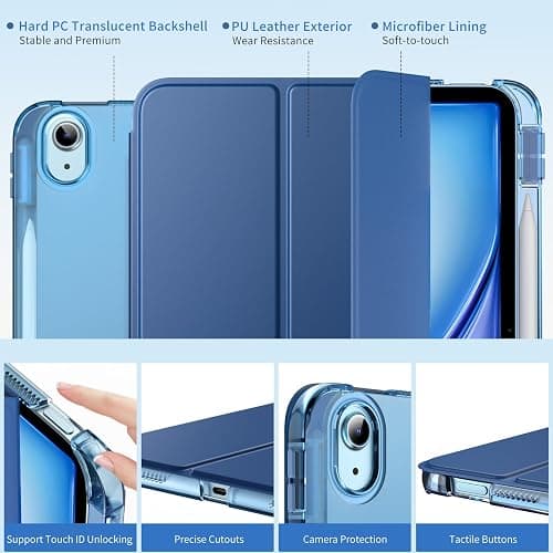 MoKo Coque pour iPad Air 11 Pouces M3/M2 2025/2024, iPad Air 5e/4e Gén 10,9 Pouces Coque 2022/2020 avec Porte-Stylet, Mince Légère à Trois Volets avec PC Arrière Translucide Robuste, Marine Bleu thumbnail 3