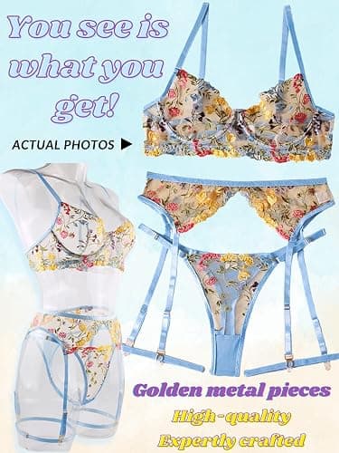 Kaei&Shi Vibrant Floral Embroidery, Underwire, Thong, Thigh Straps, Lingerie Set - 0-2 - Blue thumbnail 3