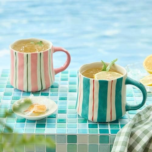 Hand-Painted Ceramic Coffee Mugs Set of 4 – 16oz Large Capacity Artistic Tea Cups with Checkerboard & Striped Patterns, Microwave & Dishwasher Safe for Home, Office, Kitchen (Summer Vibes Collection) thumbnail 6