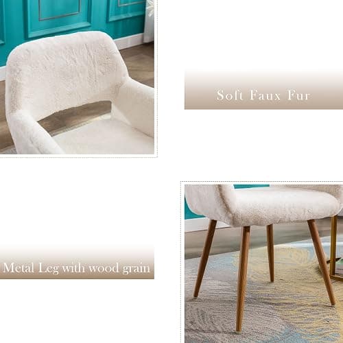 KCC Furry Desk Chair, Mid-Century Modern Accent Comfy Armchair with Faux Fur for Teen Girls, Wood Look Metal Legs Living Dining Room, Home Vanity Makeup Office No Wheel, White. thumbnail 4