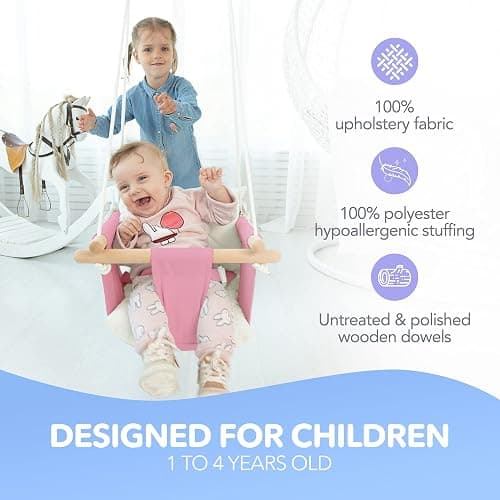 CaTeam - Canvas Baby Swing, Wooden Hanging Swing Seat Chair with Safety Belt, Durable Baby Swing Chair, Outdoor and Indoor Swing for Kids, Mounting Hardware Included, Pink thumbnail 3
