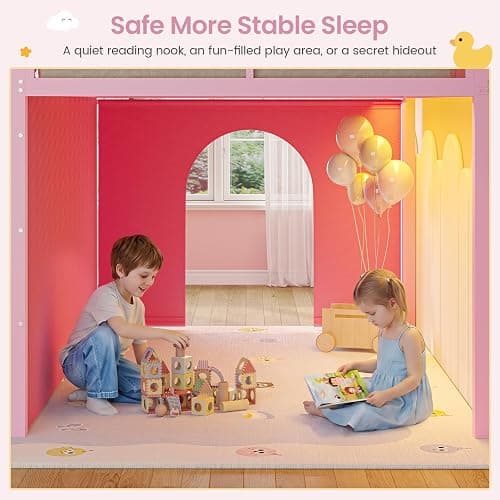MSmask Low Loft Bed Twin with Stairway Shelf Storage, 5 Drawers, Pink | Heavy Duty Metal Kids Loft Bed with Beside Box Storage, LED Lights, Safety Guardrail, Under-Bed Play Space, Spave Saving thumbnail 7