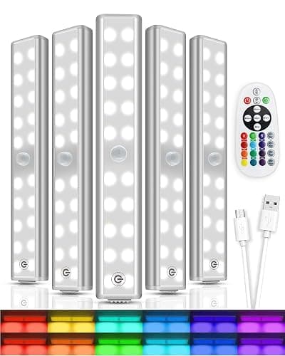 Under Cabinet Lighting, Under Counter Lights for Kitchen 5 Packs 48 LED 15 Color Temps Dimmable Battery Operated RGB Lights with Remote Wireless Closet Lights for Bedroom Wardrobe Stair - Image 1