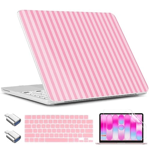 TWOLSKOO for MacBook Neo 13 inch Case 2026 A3404 A18 Pro Chip, Plastic Hard Shell Pattern Case with Type C Adapter, 2 Webcam Covers, Keyboard Cover & Screen Protector, Pink Stripes - Image 1