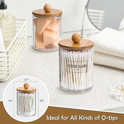 4 Pack Qtip Holder Dispenser with Bamboo Lids - 10 oz Clear Plastic Apothecary Jar Containers for Vanity Makeup Organizer Storage - Bathroom Accessories Set for Cotton Swab, Ball, Pads, Floss thumbnail 3