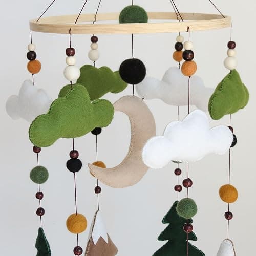 Woodland Baby Mobile for Crib - Felt Forest Nursery Decor for Boys & Girls - Hanging Mountain & Pine Tree Mobile with Moon and Clouds - Nature Theme Bedroom Decorations - Neutral Baby Shower Gift thumbnail 4
