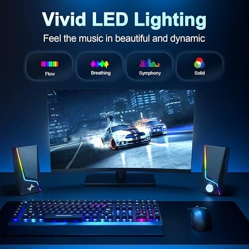 Nylavee Computer Speakers, PC Speakers with 6 Lighting Modes, USB Powered Computer Speakers for Desktop PC with 2 Bass-Boost Ports, 2 Speaker Units, and 3.5mm Aux-in for PC, Laptop, Monitor, Gaming thumbnail 4