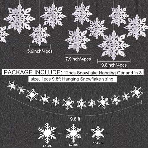 OuMuaMua Winter Christmas Hanging Snowflake Decorations, 12PCS Snowflakes Garland & 12PCS 3D Glittery Large White Snowflake for Christmas Winter Wonderland Holiday New Year Party Home Decorations thumbnail 3