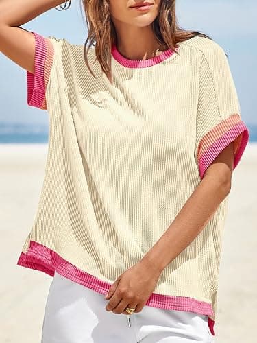 Tankaneo Womens Color Block Oversized Tops Summer Short Sleeve Tshirts | Casual, Textured Ribbed Knit, Loose Fit thumbnail 2