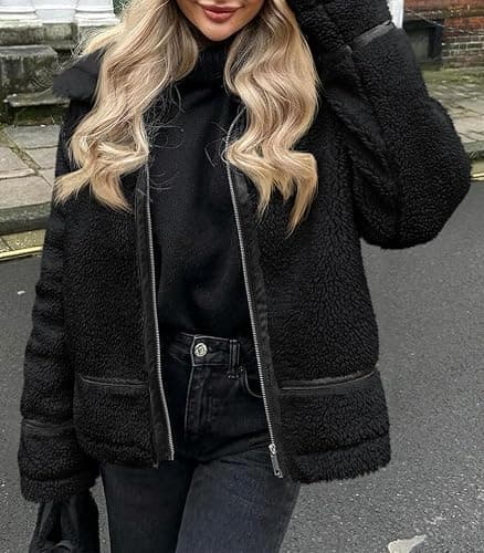 Tankaneo Womens Faux Fur Jackets Winter Trendy Sherpa Moto Leather Patchwork Zip Up Coat thumbnail 2