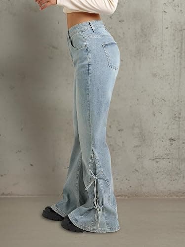 Women Bell Bottom Jeans Lace Up Bow Stretch Flare Denim Pants Cute Y2k Vintage Jeans thumbnail 3