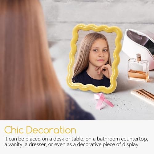 Philbinden Cute Wave-Shaped Desk Vanity Makeup Mirror, Portable Folding Travel Make Up Mirror for Standing/Hanging, Home Decorations Mirror for Women Girls (1, Yellow) thumbnail 5