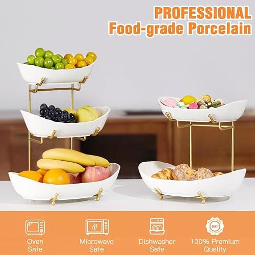 HOMKULA 3 Tier Fruit Basket, Ceramic Fruit Bowl for Kitchen Counter | Fruit Holder for Kitchen, with Metal Stand, No Installation Required, Save Space, Easy to Clean, Modern, Gold, Large thumbnail 3