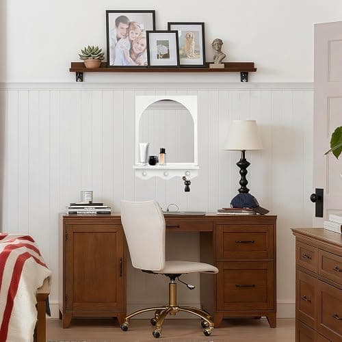 SANY DAYO HOME White 16"x12" Wood Framed Arched Mirror with Shelf and 3 Hooks, Wall Mounted Decorative Real Glass Hanging Mirror for Entryway, Bathroom, Bedroom, Laundry Room thumbnail 2
