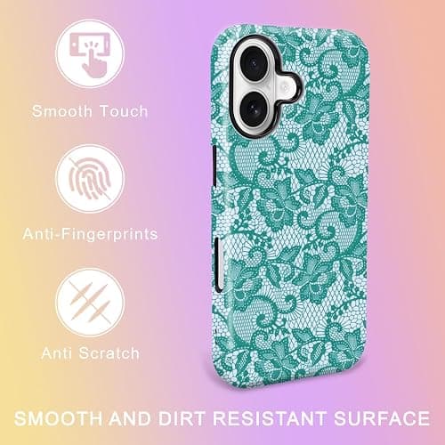 DWUIVI Teal Ornate Lace Floral Phone Case Fit for iPhone 16 | Vintage Durable Shockproof Anti-Scratch Holiday Gift thumbnail 4