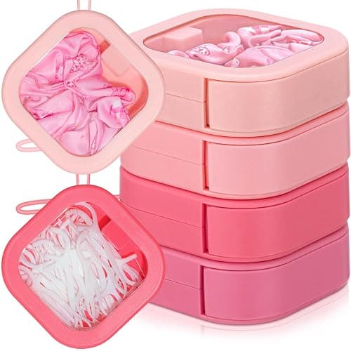 Kathfly 4 Pcs Pink Color Hair Tie Organizer Portable Hair Accessory Storage Containers Stackable Tie Bobby Pin Holder Home Cotton Swab Dispenser Accessories Jewelry Organizer Box - Image 1
