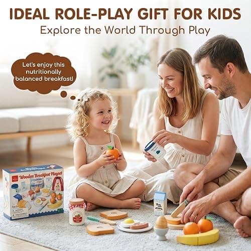 Lehoo Castle Wooden Play Food Set - Montessori Cutting Fruit Egg Bread, Pretend Breakfast Food Toys for Kids Kitchen, Educational Toddler Toys 3-5 Years, with Storage Bag, Birthday Gift for Boys Girls thumbnail 8