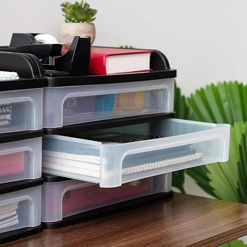 IRIS USA Plastic Desk Top 3-Drawer Storage Organizer with Paper Tray Top, 1-Pack, for Makeup Vanity Nail Polish Bathroom Stationery Art Craft Supplies Kitchen Office Garage Organization, Medium, Black thumbnail 8