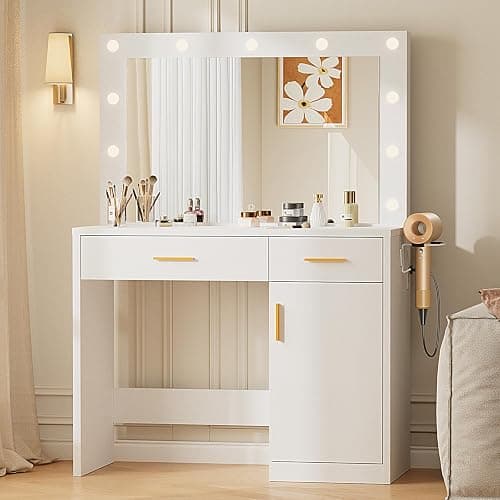 DUMOS Vanity Desk with Mirror and 11 LED Lights, Makeup Vanity Table with Charging Station (2AC/USB/C), Dressing Table with 2 Drawers & Large Cabinet, 3 Lighting Color Adjustable, White - Image 1