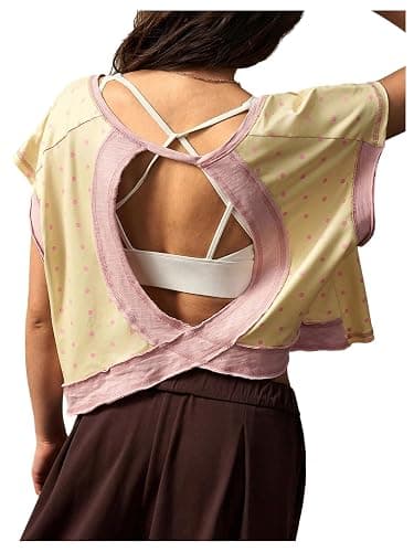 SHENHE Women Polka Dots Open Back Short Sleeve Workout Top | Oversized Cropped Backless Athletic Tee, Soft Casual Polka Dots Top for Gym Yoga Daily Workout Wear - Image 1