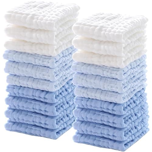 Breling 20 Pcs Baby Muslin Washcloth 12x12 in, White, Light Blue, Blue | 100% Cotton,Soft and Absorbent Burp Cloth, Wipe Newborn Face Body Towel, for Baby Boy Girl Sensitive Skin - Image 1