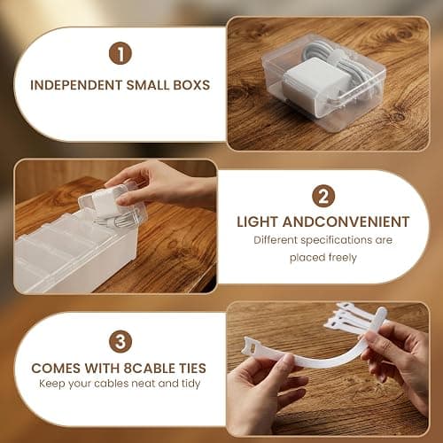 Alouxop 8 Individual Cable Organizer Boxes With Base, Cord Storage Organizer With Labels And Cable Straps For Charging Cables, Adapters, Earphones (8 pcs Individual Cable, 1 Pack) thumbnail 3