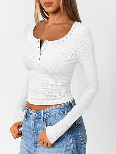 Trendy Queen Long Sleeve Shirts for Women Henley Ribbed Fall Tops Dressy Business Casual Teen Girl Winter Cute Basic Tees thumbnail 3