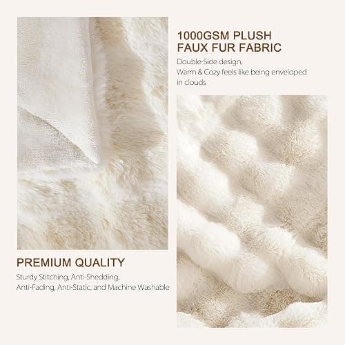 NORD ECO Luxury 1000GSM Faux Rabbit Fur Throw Blanket, Super Heavy Warm Cozy Blankets for Couch Bed Sofa, Bubble Plush Fuzzy Elegant Soft Reversible Mink Blanket for Living Room Bedroom, Cream White thumbnail 4