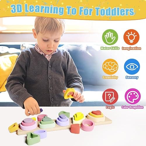 Symdiro Montessori Toys for 1 2 3 Year Old Boys Girls - Wooden Sorting & Stacking Toys for Kids - Toddler Toys Age 1-3 - Shape Sorter and Color Stacker Preschool Kids Gifts - Chroma thumbnail 2
