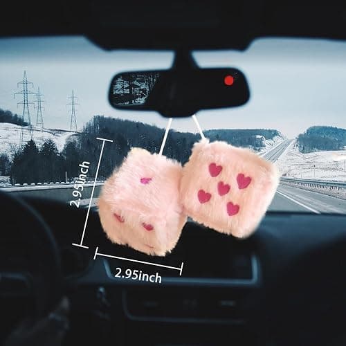 Pair 3” Colorful Heart Embroidered Fuzzy Plush Dice, Soft Plush Car Decoration Hanging Ornaments, Couple Car Decorative Vintage Accessories for Rearview Mirror Decorations(Pink Rose Red Dots) thumbnail 3