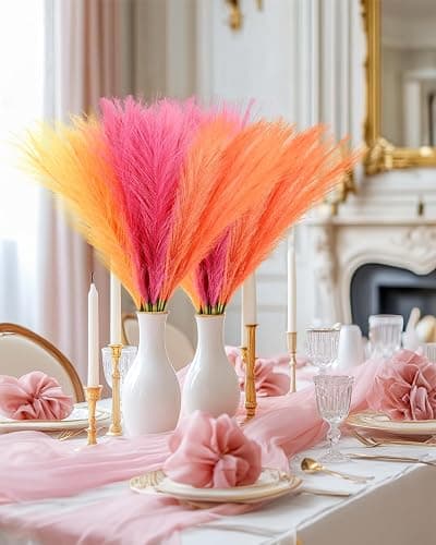 Veneloo 30pcs Faux Pampas Grass Pink Orange Fall Decor, 17.7inch Short Artificial Pompous Grass Fluffy Fake Pompas Branches Vase Filler Flower Arrangement for Home Party Outdoor Wedding Decor thumbnail 5
