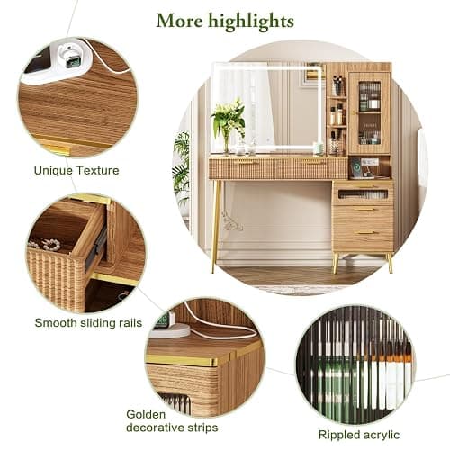 Chrangmay 47.24" Big Modern Vanity Desk with Mirror and Lights,Makeup Vanity Desk with 5 Drawers and Storage Shelves & Power Outlet,Dressing Table with Glass Top, Oak thumbnail 6