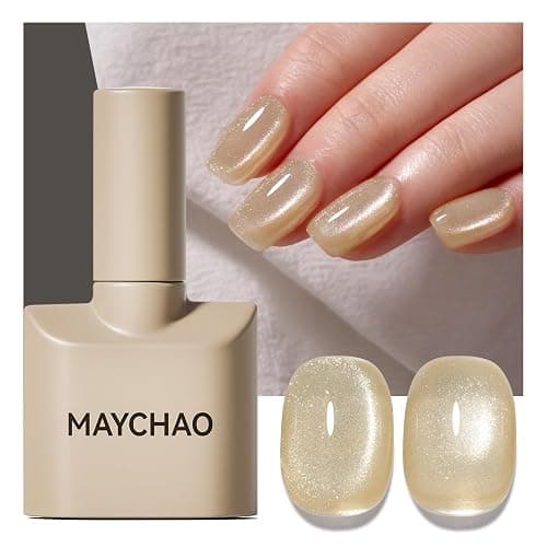 MAYCHAO 15ML Cat Eye Gel Nail Polish 1Pc Champagne Gold Gel Polish with Magnet Soak off Holographic Magnetic Nail Polish for Nail Art Manicure Salon DIY at Home, 0.5 OZ - Image 1