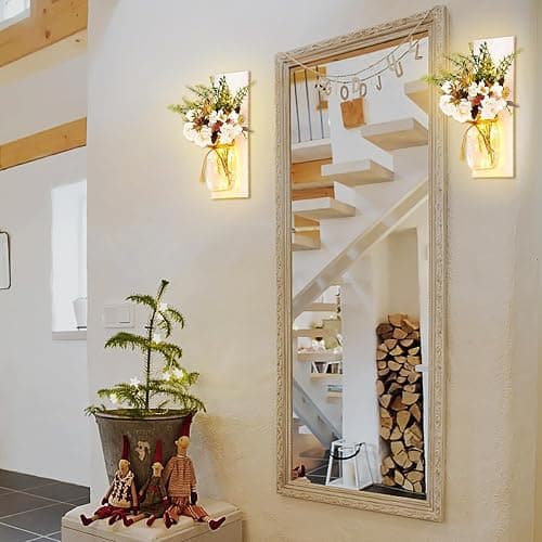 Rustic Wall Sconces Mason Jar Sconces Handmade Wall Art Hanging Design with Remote Control LED Fairy Lights and White Peony, Christmas Decor Gifts Farmhouse Home Decor Living Room Lights Set of Two thumbnail 4