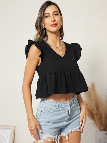 SweatyRocks Women's Cap Butterfly Sleeve V Neck Ruffle Hem Crop Blouse Summer Peplum Top thumbnail 3