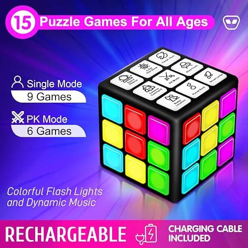 Xinbeiya Rechargeable Handheld Cube with Games - 15 Fun Brain & Memory Games with Score Screen for Kids Teens - Christmas Easter Birthday Gifts for Boys Girls Ages 6-12+ Years Old (Black) thumbnail 3