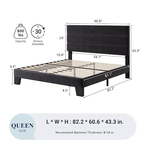 Allewie Queen Size Platform Bed Frame with Velvet Upholstered Headboard and Wooden Slats Support, Fully Upholstered Mattress Foundation/No Box Spring Needed/Easy Assembly, Black thumbnail 2
