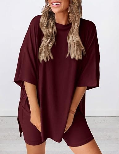 PRETTYGARDEN Women's Two Piece Lounge Set 2025 Summer Casual Oversized Shirts Biker Shorts Matching Airport Travel Outfit thumbnail 3