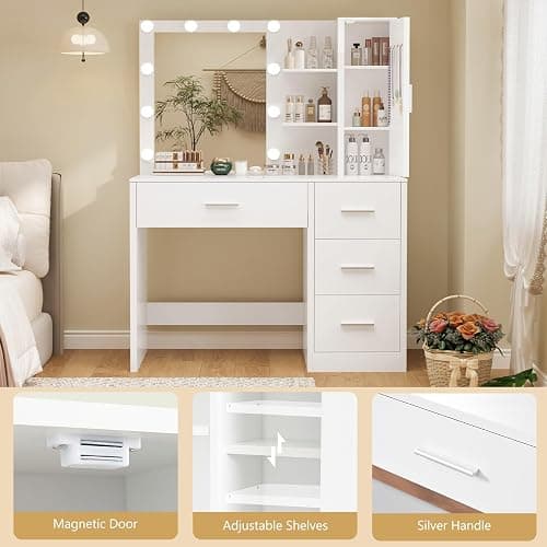 FIONESO Vanity Desk with Mirror and Lights, Makeup Vanity with 4 Drawers, Cabinet & 4 Necklace Hooks, White Vanity with Mirror and 10 LED Lights, Dressing Table for Women, Bedroom, White thumbnail 7