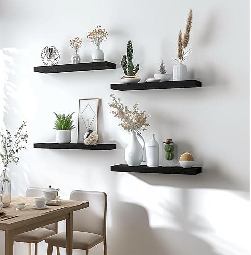 YYWUOJJ Wood Floating Shelves for Wall Decor, Rustic Wall Shelves for Bedroom Bathroom Kitchen Living Room, Set of 6 Black thumbnail 6