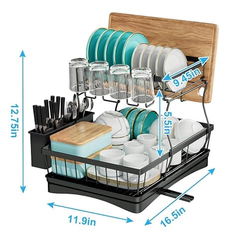 7 code Large Dish Drying Rack for Kitchen Counter, Detachable Large Capacity Dish Drainer Organizer, 2-Tier Dish Racks with Utensil Holder, Black thumbnail 2