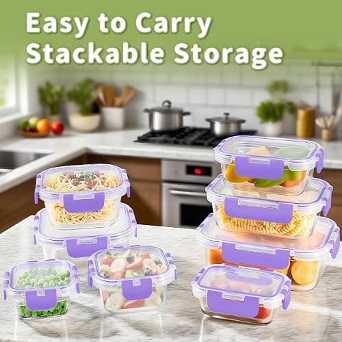 HOMBERKING 8 Pack Glass Food Storage Containers with Lids, Meal Prep Containers, Airtight Bento Boxes with Leak Proof Locking for Microwave, Oven, Freezer and Dishwasher, BPA Free, 5-35oz, purple thumbnail 3