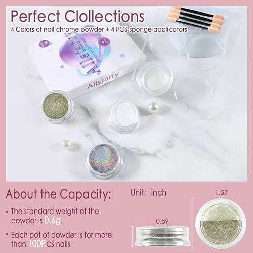 Allstarry Chrome Nail Powder 4pcs White Pearl Chrome Pigment Powder Iridescent Holographic Nail Glitter Dust Metallic Mirror Effect Pigment for Nail Gel Manicure DIY at Home Salon Women Gifts thumbnail 6