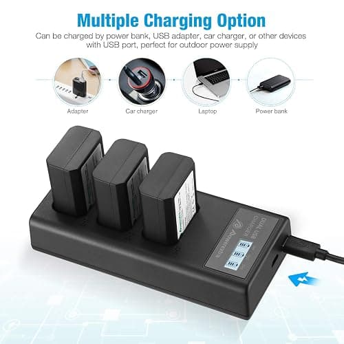 3-Pack NP-FW50 Battery and 3-Slot LCD Charger Compatible with Sony ZV-E10 A6000 A6500 A6300 A7 A7II A7SII A7S A7S2 A7R A7R2 A7RII A55 A510 RX10 RX10II Camera thumbnail 6