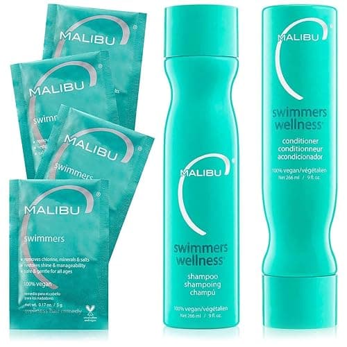 Malibu C Swimmers Wellness Shampoo and Conditioner + Hair Mask Summer Essentials Kit - Adults & Kids Clarifying, Moisturizing, Shine Restoring Hair Care - Protects from Pool Chlorine & Copper, 6 Ct - Image 1